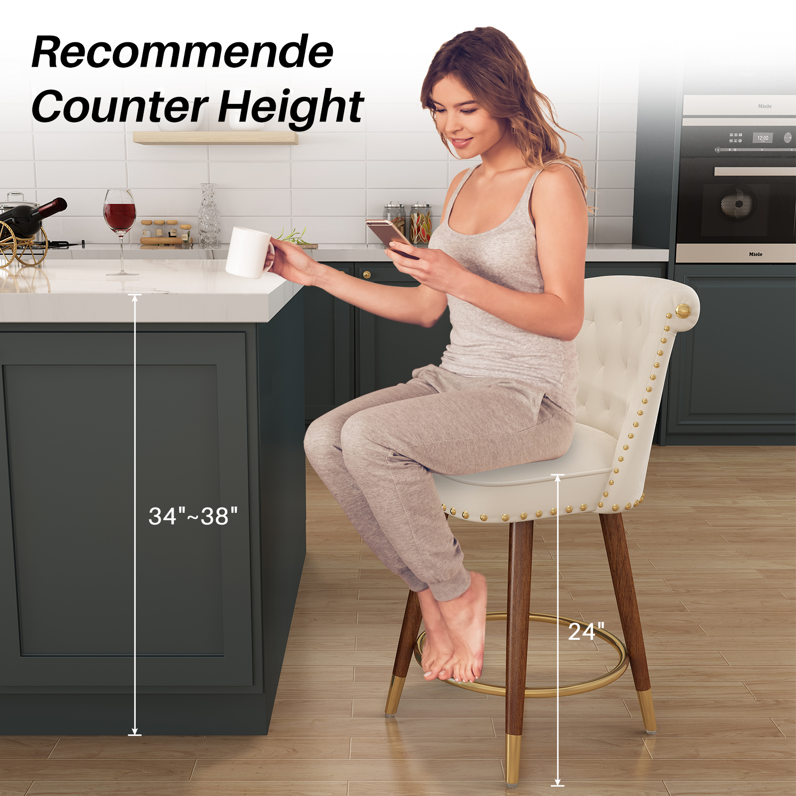 Genpo Counter Height Bar Stools Set of 4, 24 inch White Velvet Kitchen Swivel Counter Stools with Backs, Metal Legs and Footrest, Bar Chairs for Kitchen Island - Image 7