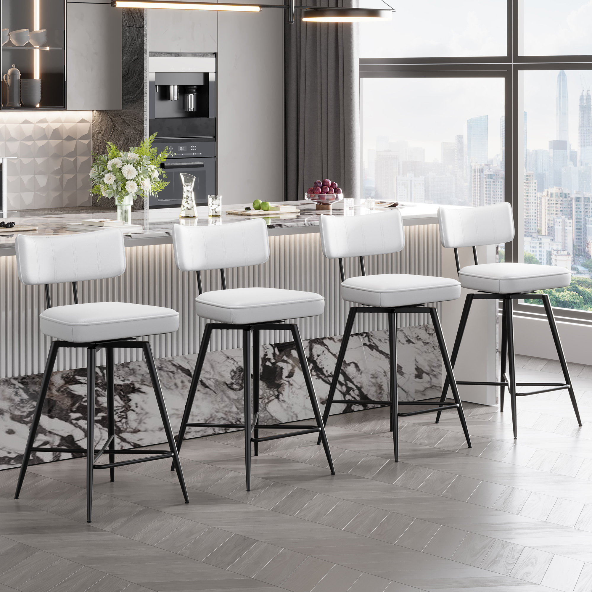 Genpo Swivel Counter Height Bar Stools Set of 2, 26" Leather Swivel Bar Stools with Backs, Metal Legs, Modern Stools for Kitchen Counter, White - Image 7