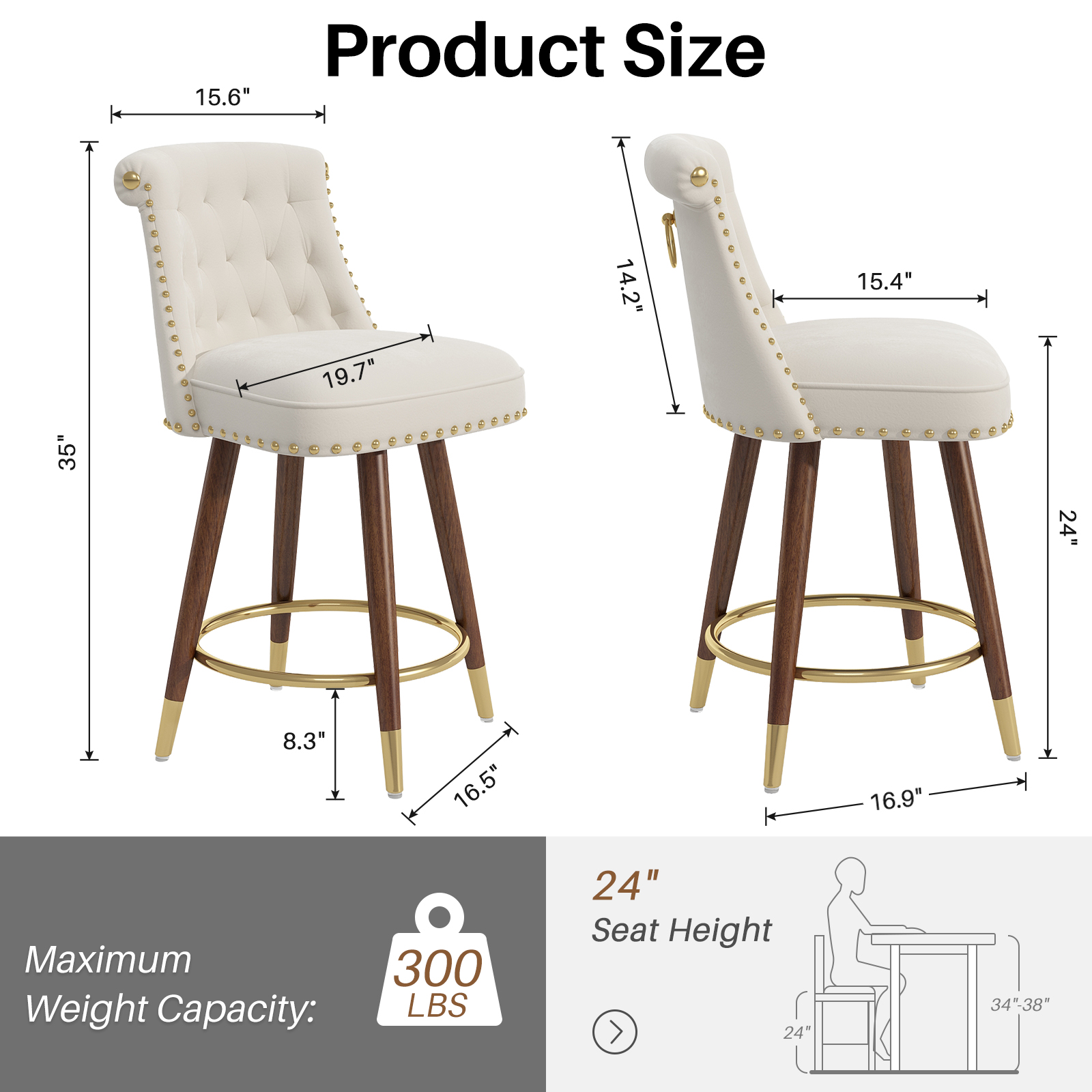 Genpo Counter Height Bar Stools Set of 4, 24 inch White Velvet Kitchen Swivel Counter Stools with Backs, Metal Legs and Footrest, Bar Chairs for Kitchen Island - Image 2