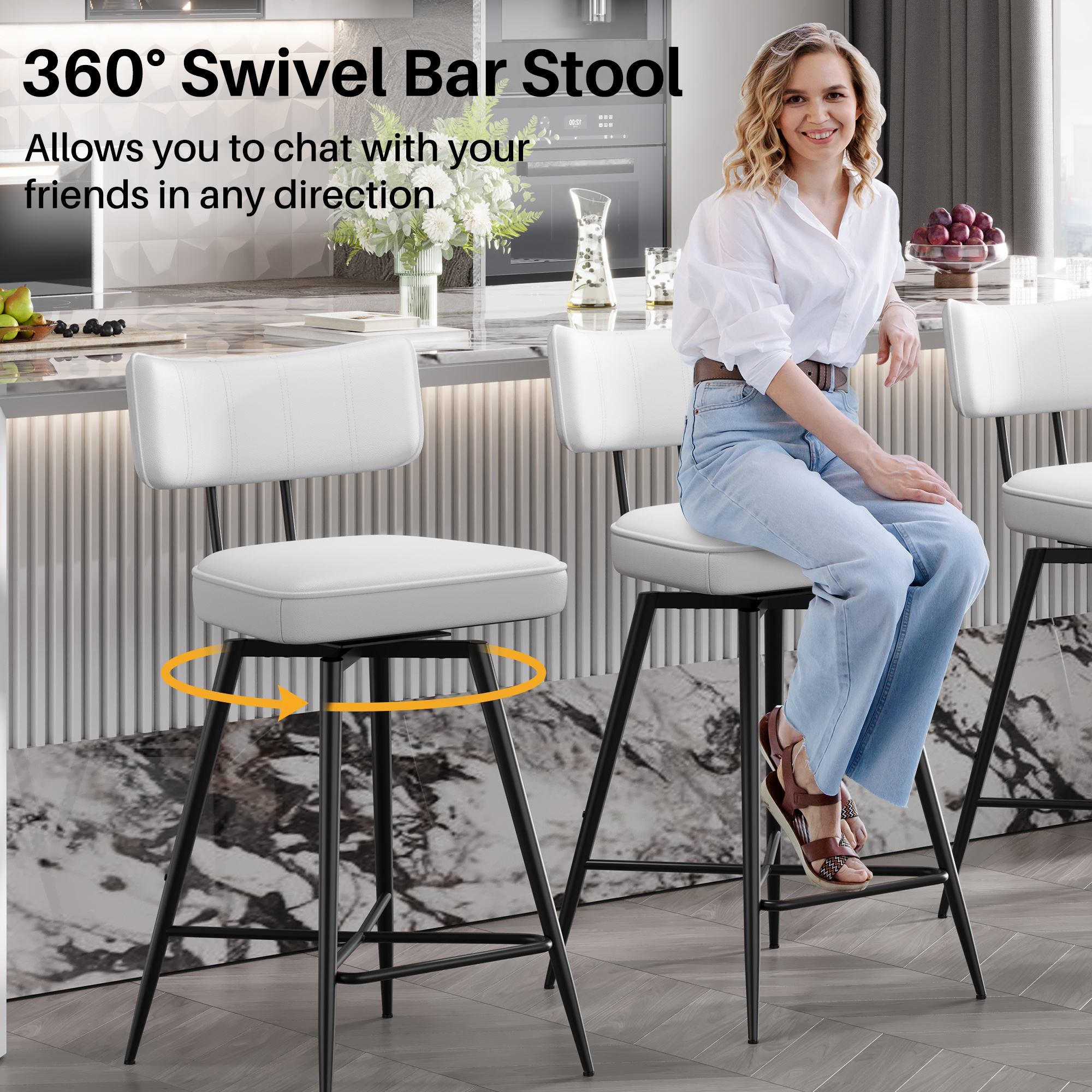 Genpo Swivel Counter Height Bar Stools Set of 2, 26" Leather Swivel Bar Stools with Backs, Metal Legs, Modern Stools for Kitchen Counter, White - Image 5