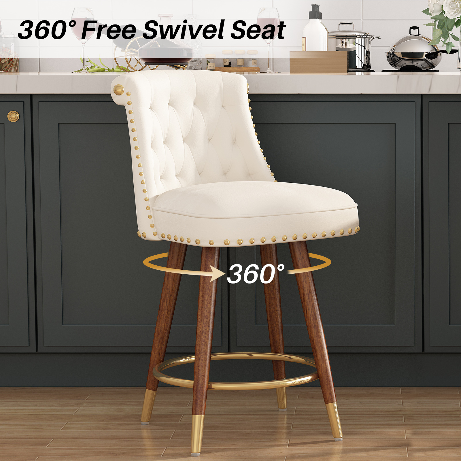 Genpo Counter Height Bar Stools Set of 4, 24 inch White Velvet Kitchen Swivel Counter Stools with Backs, Metal Legs and Footrest, Bar Chairs for Kitchen Island - Image 3
