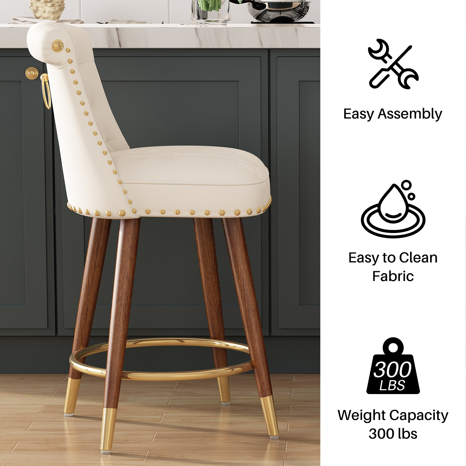 Genpo Counter Height Bar Stools Set of 4, 24 inch White Velvet Kitchen Swivel Counter Stools with Backs, Metal Legs and Footrest, Bar Chairs for Kitchen Island - Image 4