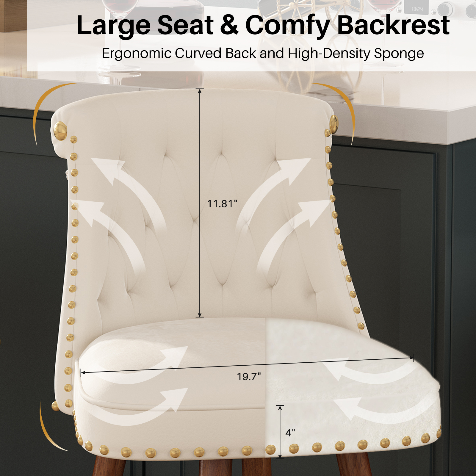Genpo Counter Height Bar Stools Set of 4, 24 inch White Velvet Kitchen Swivel Counter Stools with Backs, Metal Legs and Footrest, Bar Chairs for Kitchen Island - Image 5