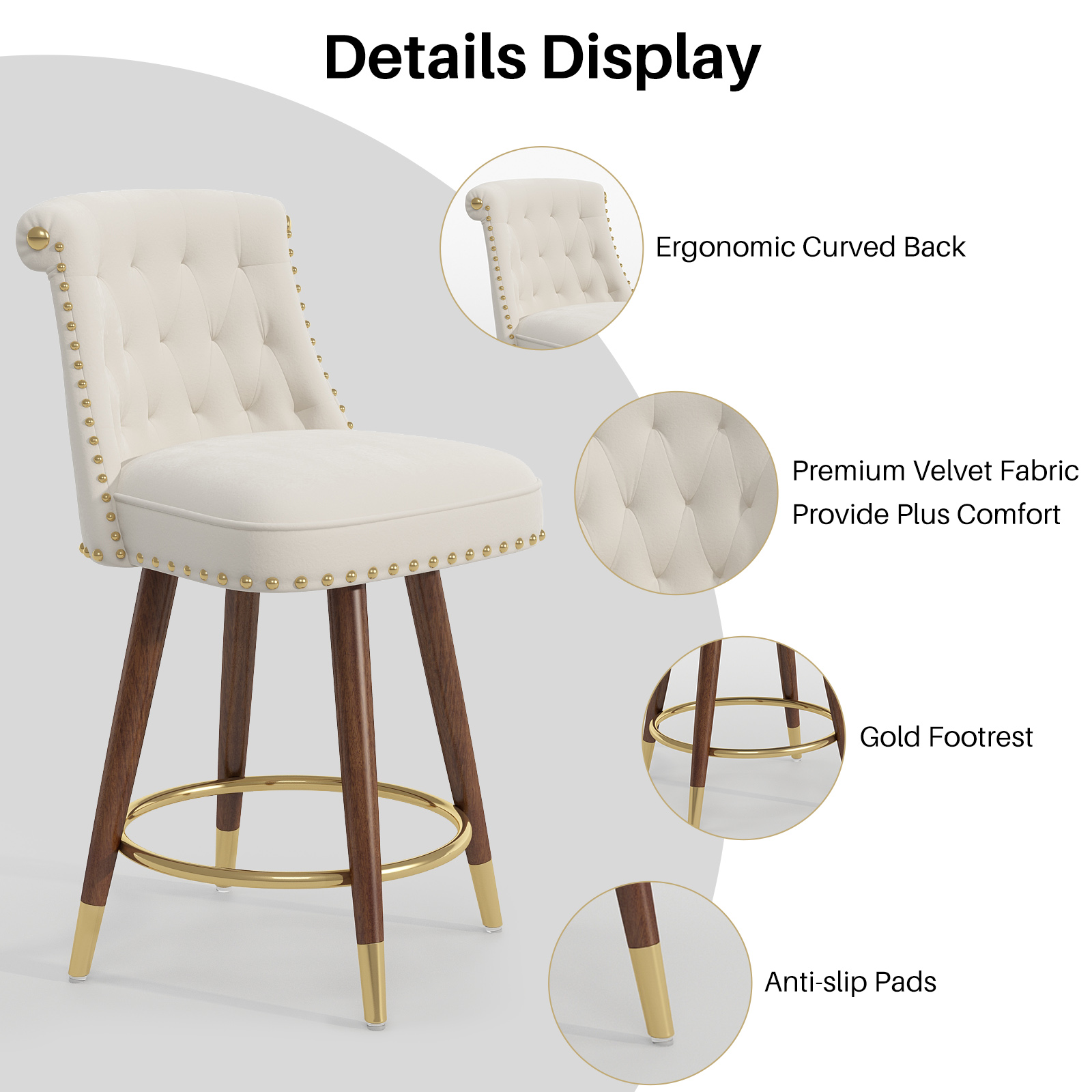 Genpo Counter Height Bar Stools Set of 4, 24 inch White Velvet Kitchen Swivel Counter Stools with Backs, Metal Legs and Footrest, Bar Chairs for Kitchen Island - Image 6