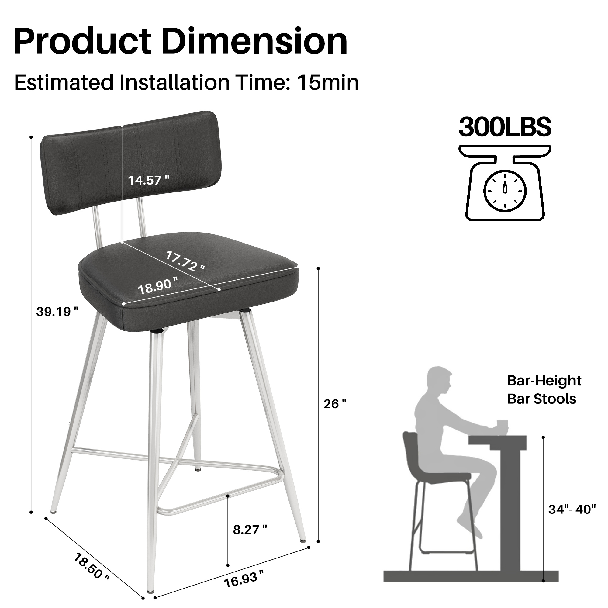 Solfway Swivel Counter Height Bar Stools Set of 2, 26" Leather Swivel Bar Stools with Backs, Metal Legs, Modern Stools for Kitchen Counter, Black - Image 2