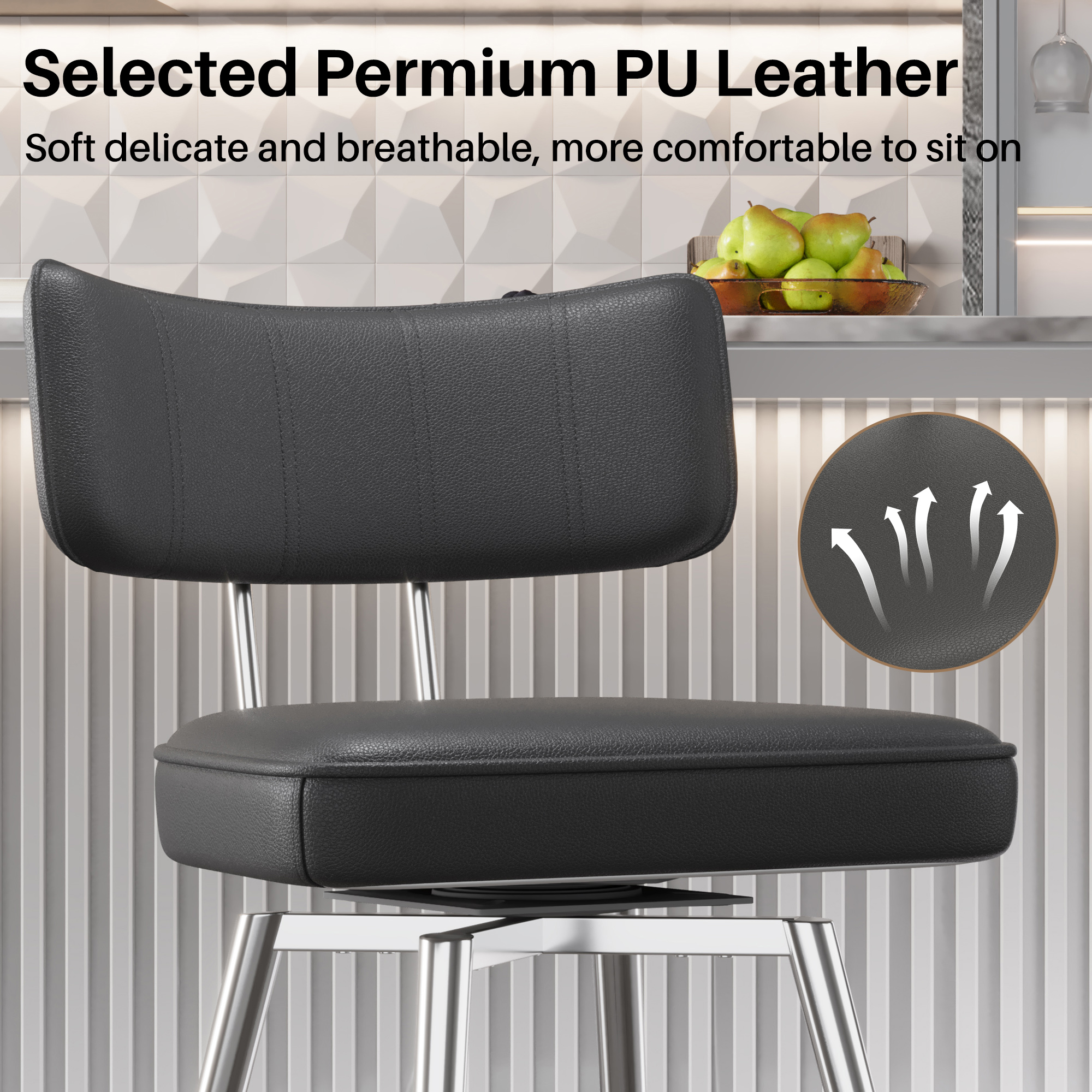 Solfway Swivel Counter Height Bar Stools Set of 2, 26" Leather Swivel Bar Stools with Backs, Metal Legs, Modern Stools for Kitchen Counter, Black - Image 3