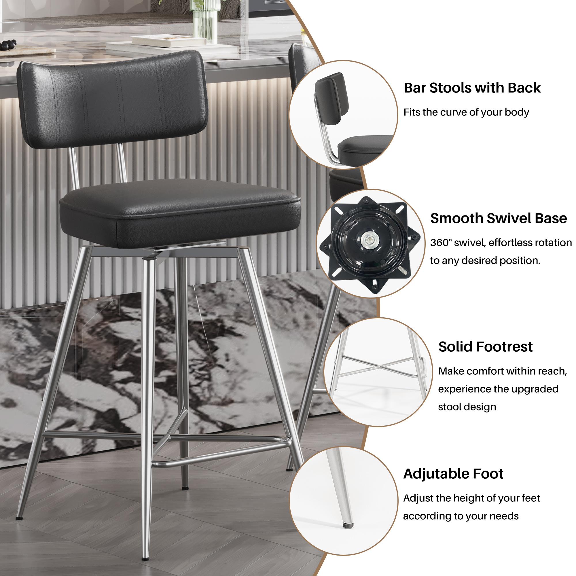 Solfway Swivel Counter Height Bar Stools Set of 2, 26" Leather Swivel Bar Stools with Backs, Metal Legs, Modern Stools for Kitchen Counter, Black - Image 4