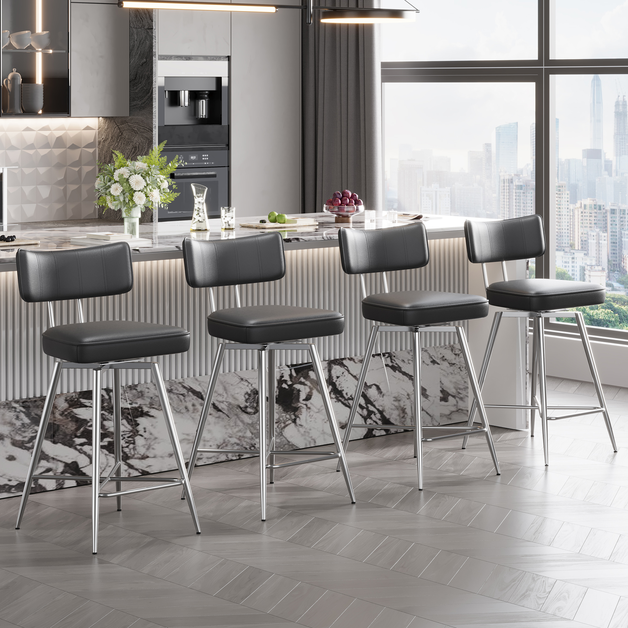 Solfway Swivel Counter Height Bar Stools Set of 2, 26" Leather Swivel Bar Stools with Backs, Metal Legs, Modern Stools for Kitchen Counter, Black - Image 7