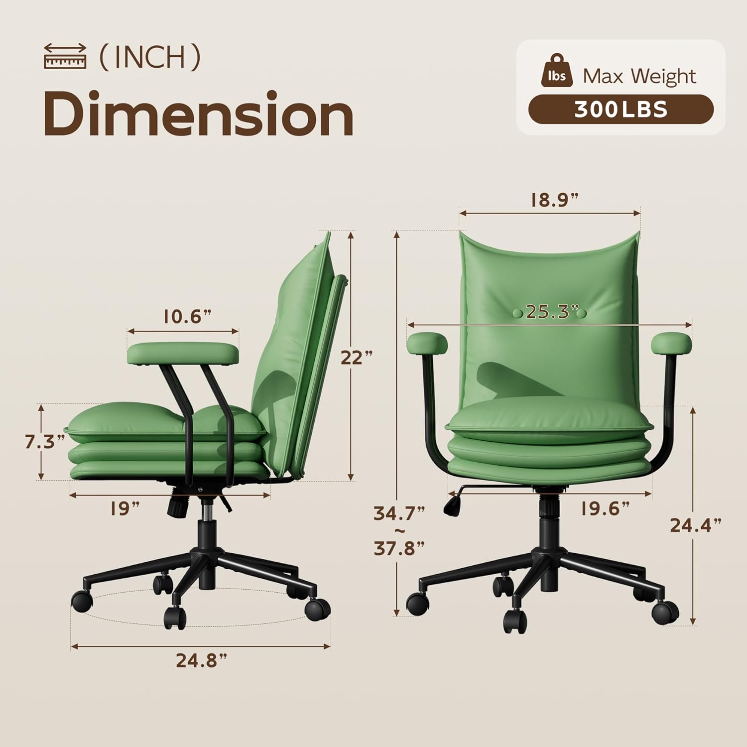 Genpo Green Leather Computer Desk Chairs 300lbs for Adults, Vanity Chair with Wheels, Padded Arms, Thickened & Widened Back and Seat for Home Office Makeup - Image 2