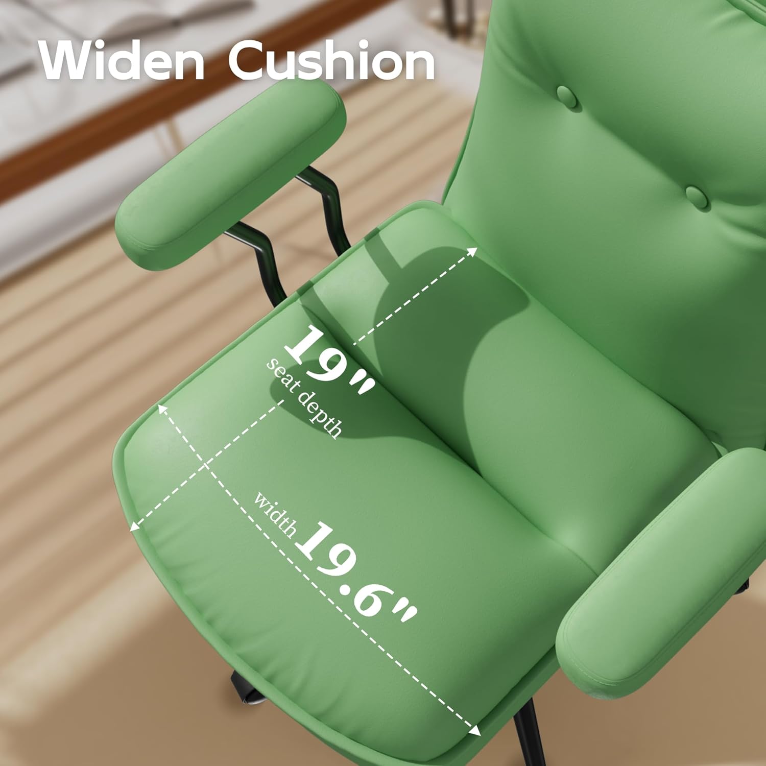 Genpo Green Leather Computer Desk Chairs 300lbs for Adults, Vanity Chair with Wheels, Padded Arms, Thickened & Widened Back and Seat for Home Office Makeup - Image 4