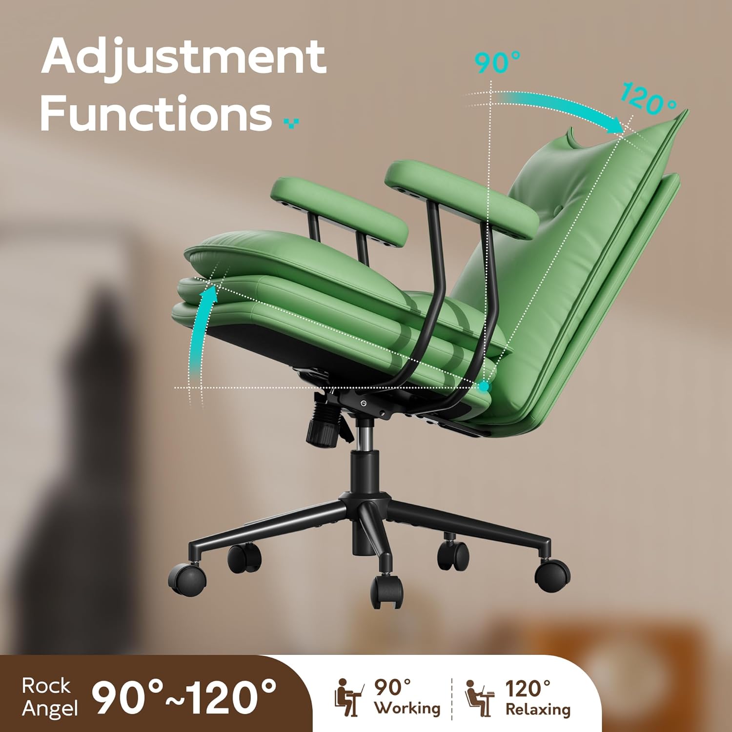 Genpo Green Leather Computer Desk Chairs 300lbs for Adults, Vanity Chair with Wheels, Padded Arms, Thickened & Widened Back and Seat for Home Office Makeup - Image 5