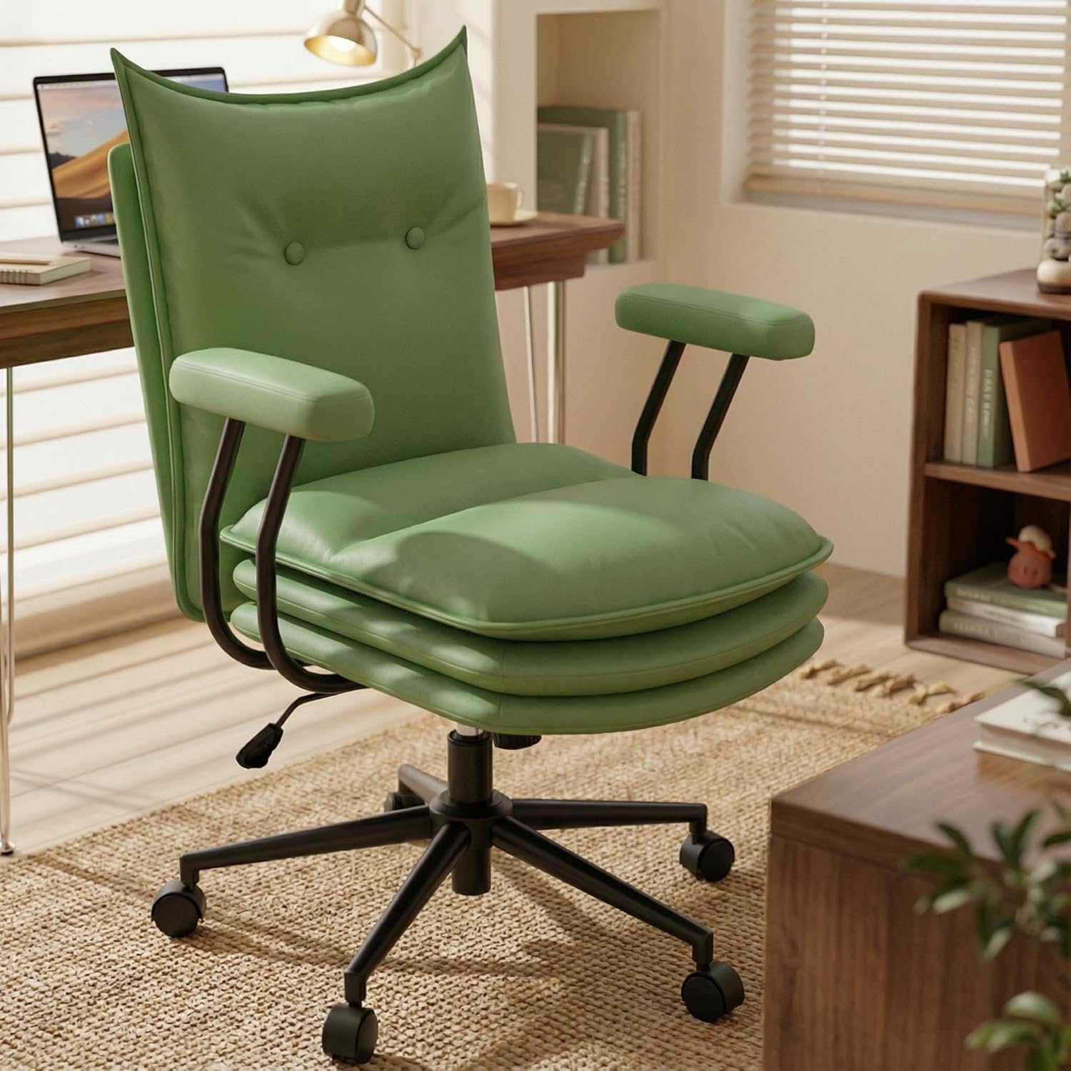 Genpo Green Leather Computer Desk Chairs 300lbs for Adults, Vanity Chair with Wheels, Padded Arms, Thickened & Widened Back and Seat for Home Office Makeup
