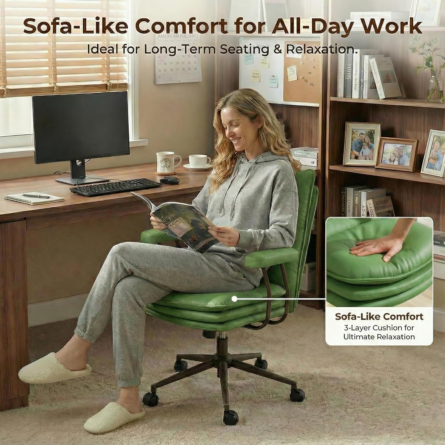Genpo Green Leather Computer Desk Chairs 300lbs for Adults, Vanity Chair with Wheels, Padded Arms, Thickened & Widened Back and Seat for Home Office Makeup - Image 3