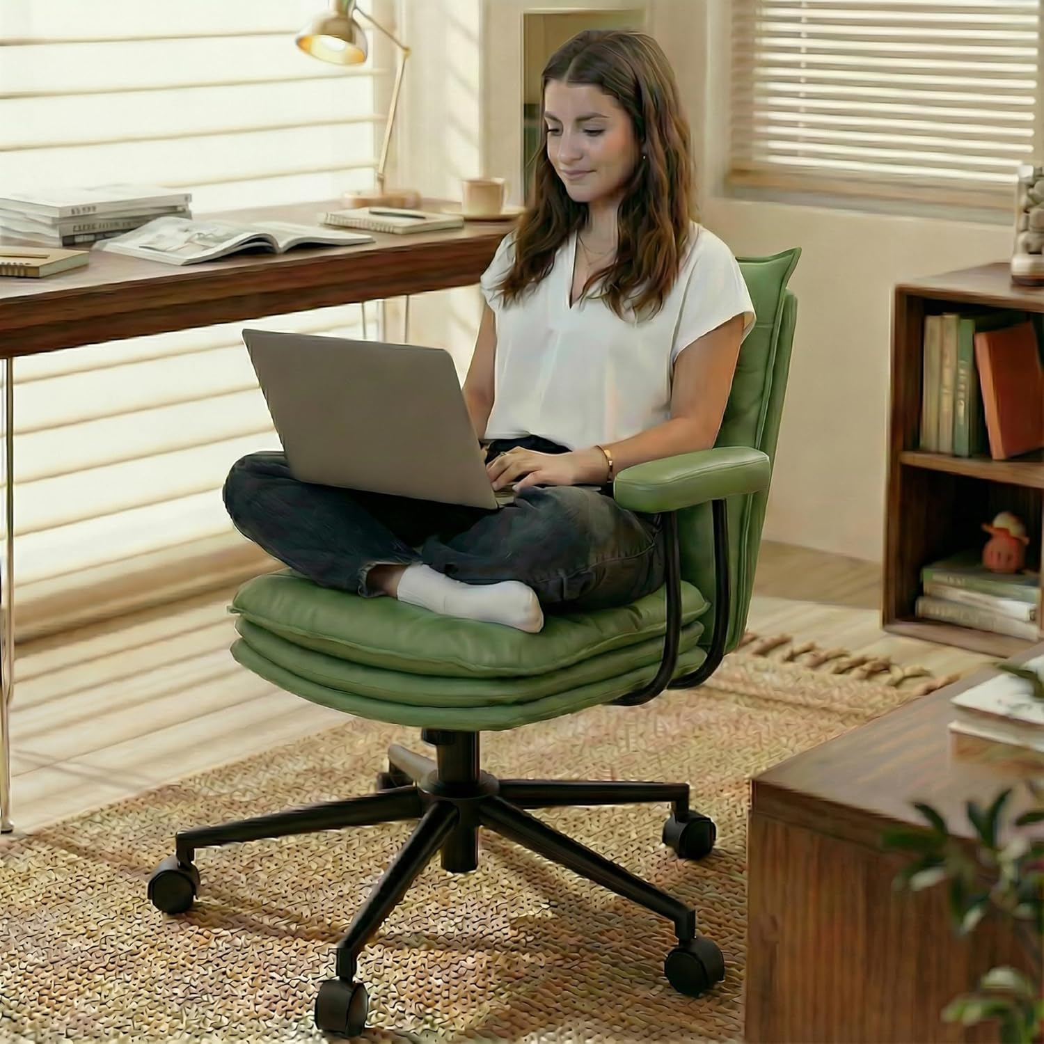 Genpo Green Leather Computer Desk Chairs 300lbs for Adults, Vanity Chair with Wheels, Padded Arms, Thickened & Widened Back and Seat for Home Office Makeup - Image 6