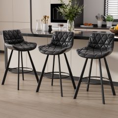 Genpo Bar Stools Set of 3, 26" Kitchen Counter Height Bar Stools with Back Metal Legs and Footrest, Black Leather Barstools for Kitchen Island