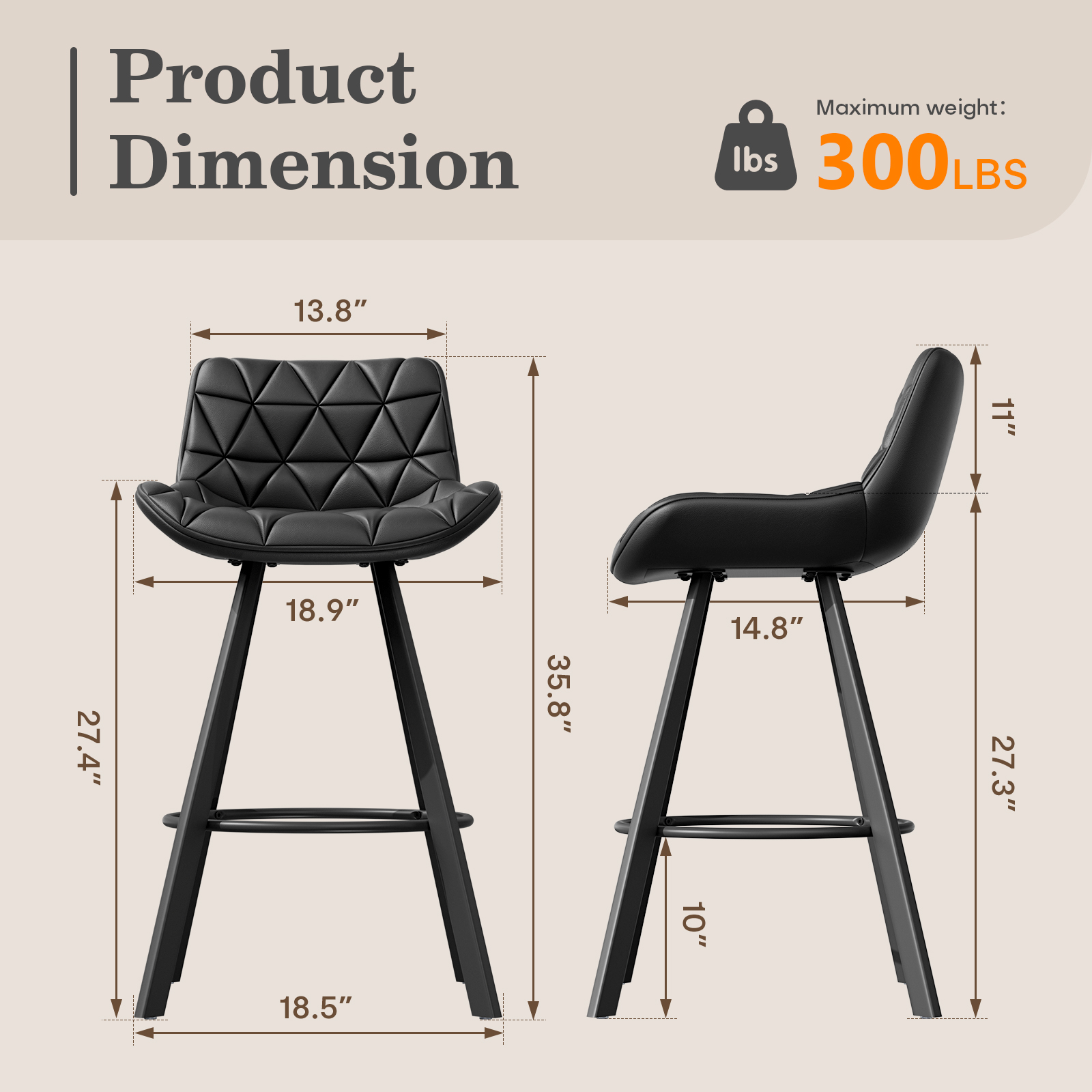 Genpo Bar Stools Set of 3, 26" Kitchen Counter Height Bar Stools with Back Metal Legs and Footrest, Black Leather Barstools for Kitchen Island - Image 2