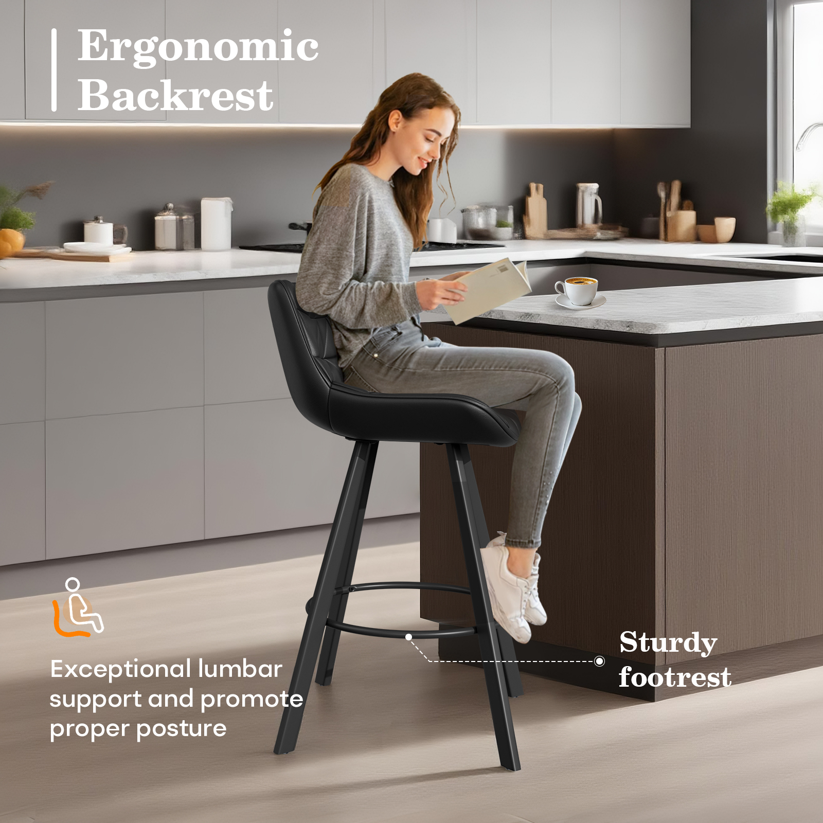 Genpo Bar Stools Set of 3, 26" Kitchen Counter Height Bar Stools with Back Metal Legs and Footrest, Black Leather Barstools for Kitchen Island - Image 5