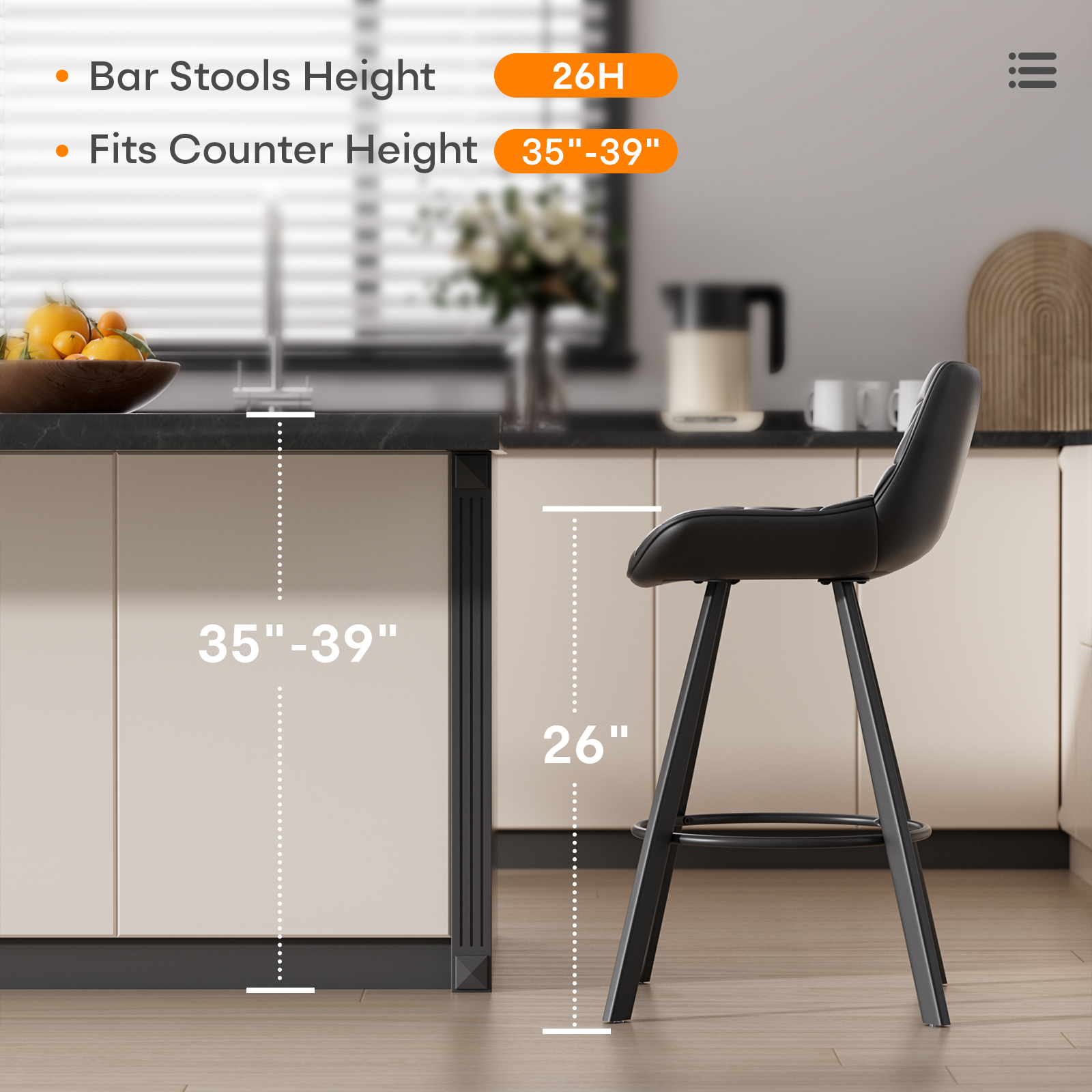 Genpo Bar Stools Set of 3, 26" Kitchen Counter Height Bar Stools with Back Metal Legs and Footrest, Black Leather Barstools for Kitchen Island - Image 4