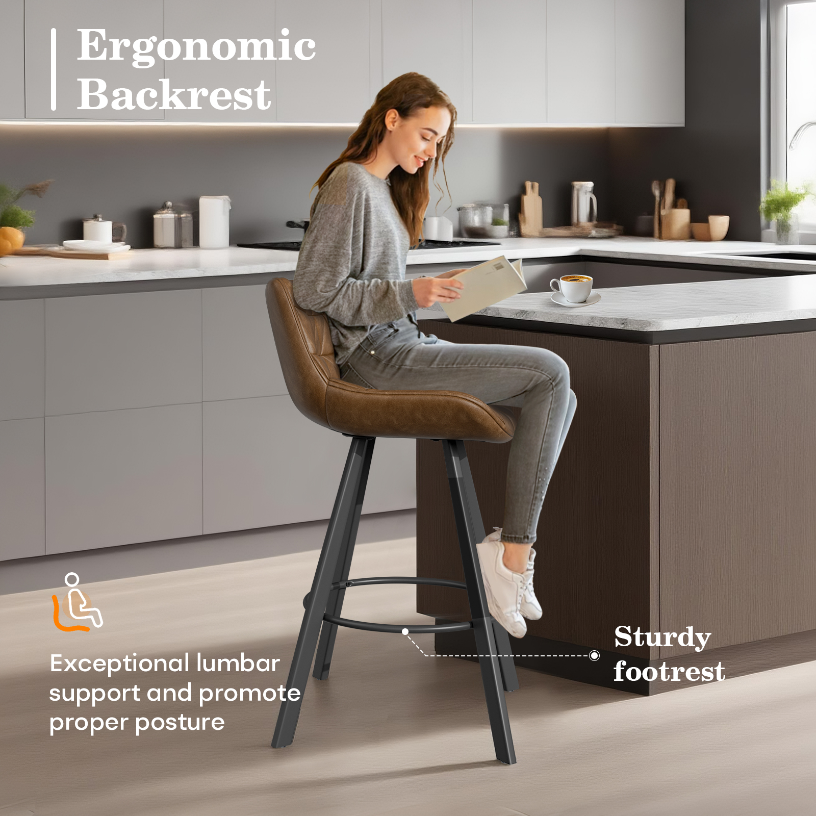 Genpo Bar Stools Set of 3, 26" Kitchen Counter Height Bar Stools with Back Metal Legs and Footrest, Brown Leather Barstools for Kitchen Island - Image 6