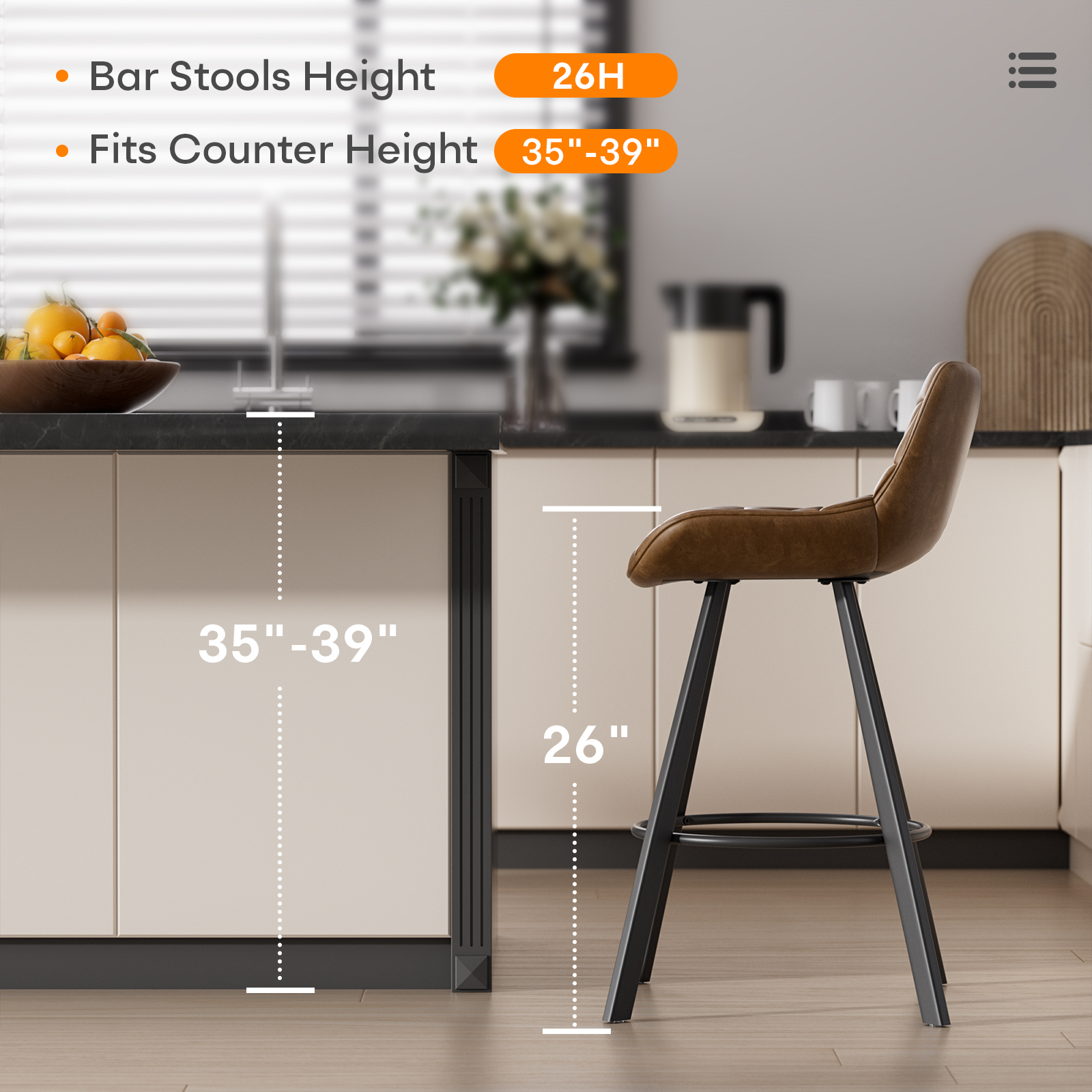 Genpo Bar Stools Set of 3, 26" Kitchen Counter Height Bar Stools with Back Metal Legs and Footrest, Brown Leather Barstools for Kitchen Island - Image 5