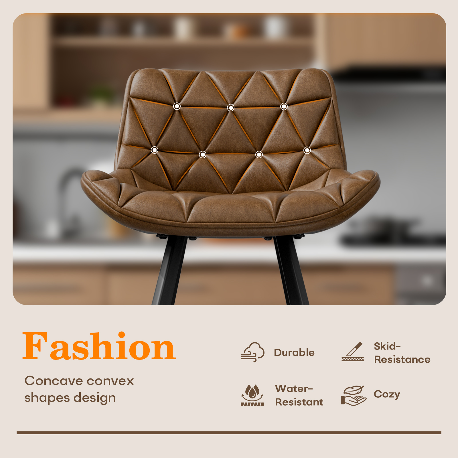 Genpo Bar Stools Set of 3, 26" Kitchen Counter Height Bar Stools with Back Metal Legs and Footrest, Brown Leather Barstools for Kitchen Island - Image 4