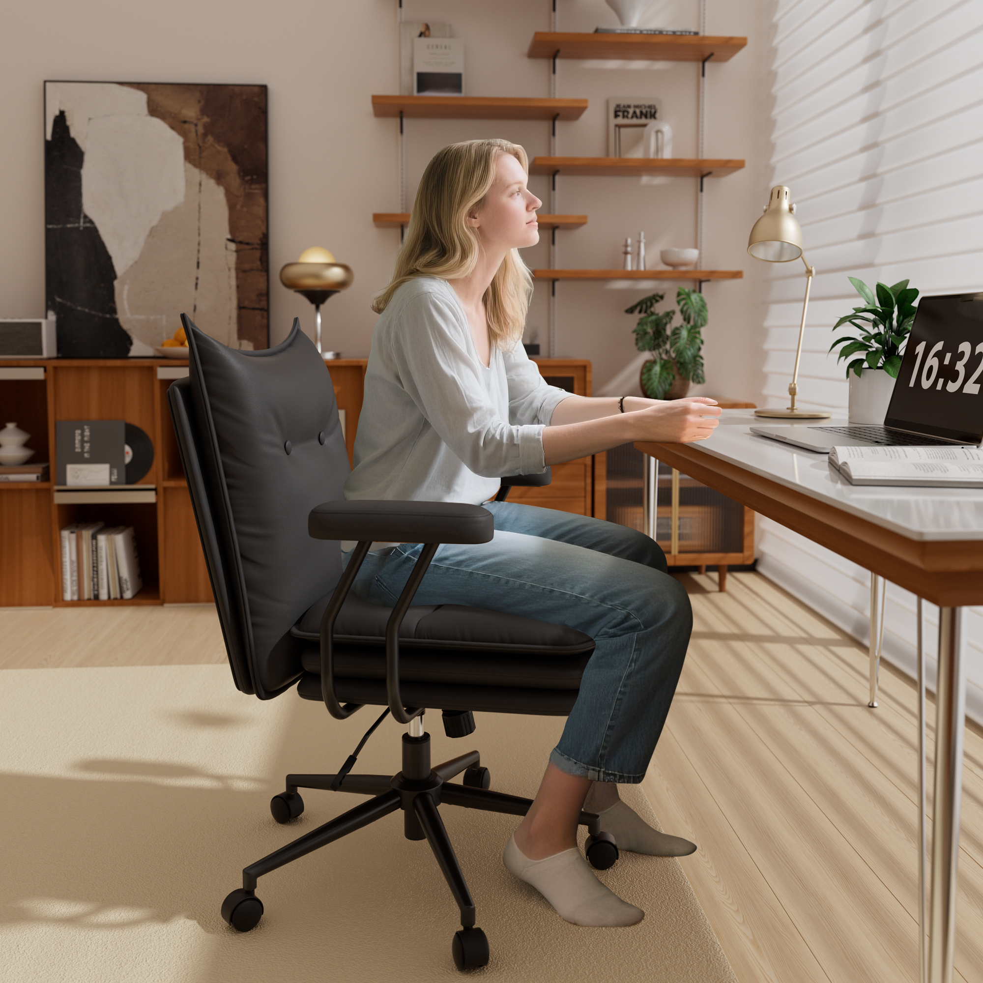 Genpo Black Leather Computer Desk Chairs 300lbs for Adults, Vanity Chair with Wheels, Padded Arms, Thickened & Widened Back and Seat for Home Office Makeup - Image 7