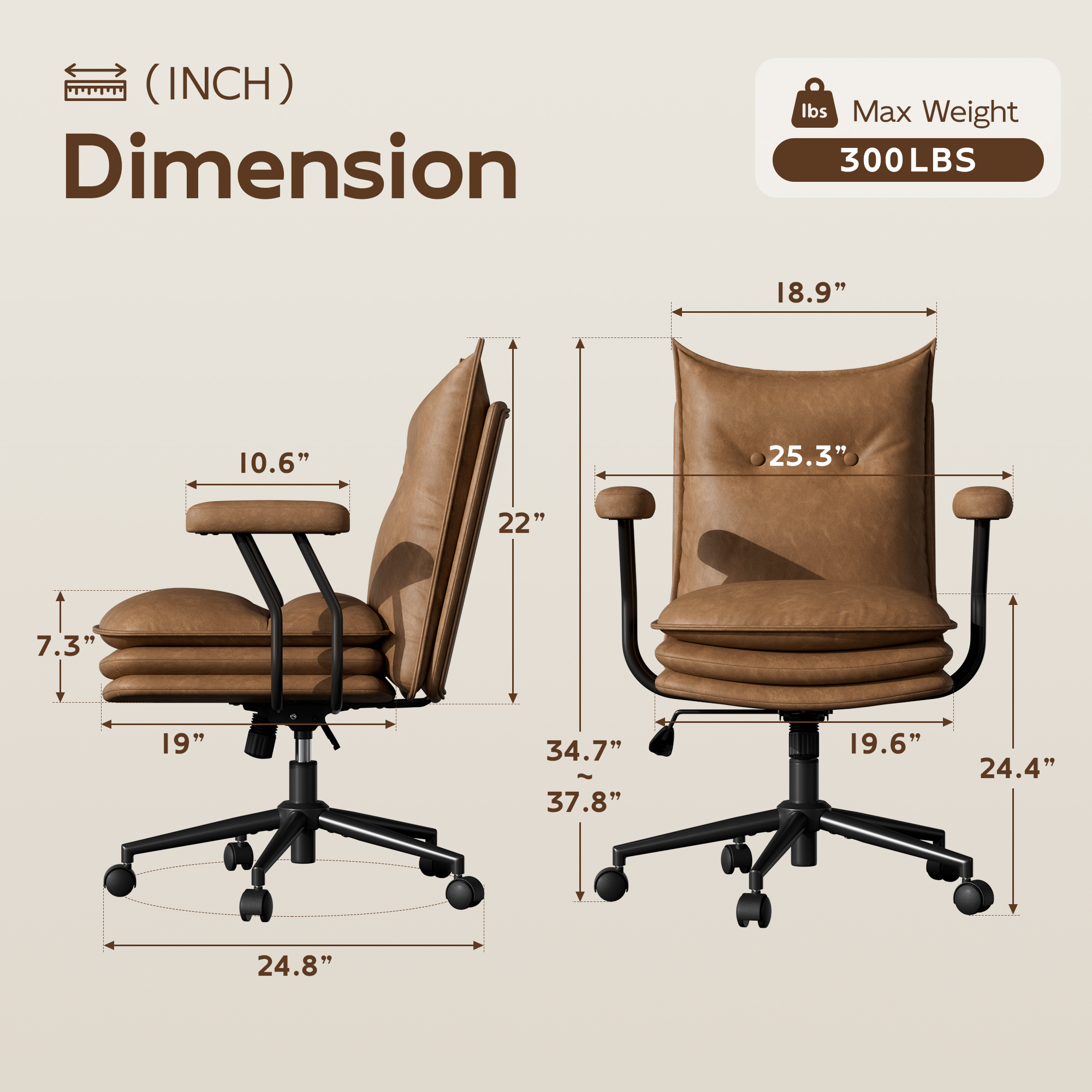 Genpo Brown Leather Computer Desk Chairs 300lbs for Adults, Vanity Chair with Wheels, Padded Arms, Thickened & Widened Back and Seat for Home Office Makeup - Image 2