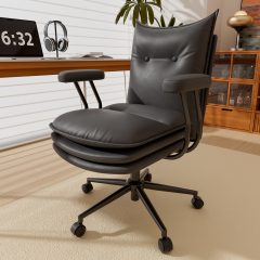 Genpo Black Leather Computer Desk Chairs 300lbs for Adults, Vanity Chair with Wheels, Padded Arms, Thickened & Widened Back and Seat for Home Office Makeup
