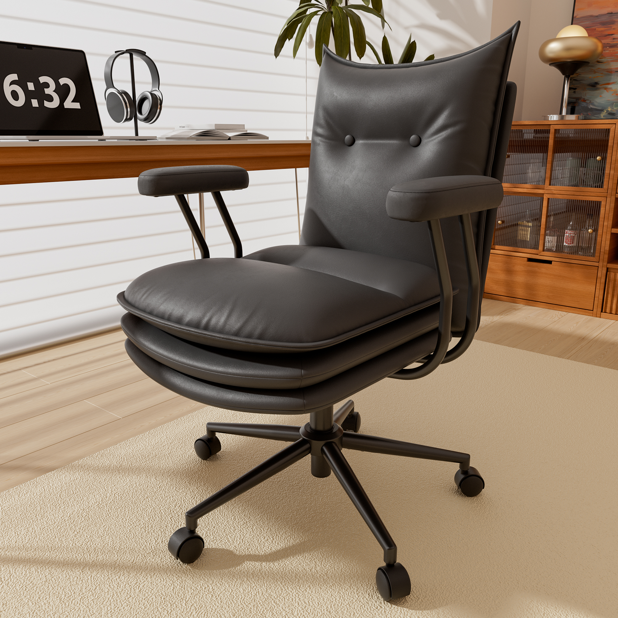 Genpo Black Leather Computer Desk Chairs 300lbs for Adults, Vanity Chair with Wheels, Padded Arms, Thickened & Widened Back and Seat for Home Office Makeup