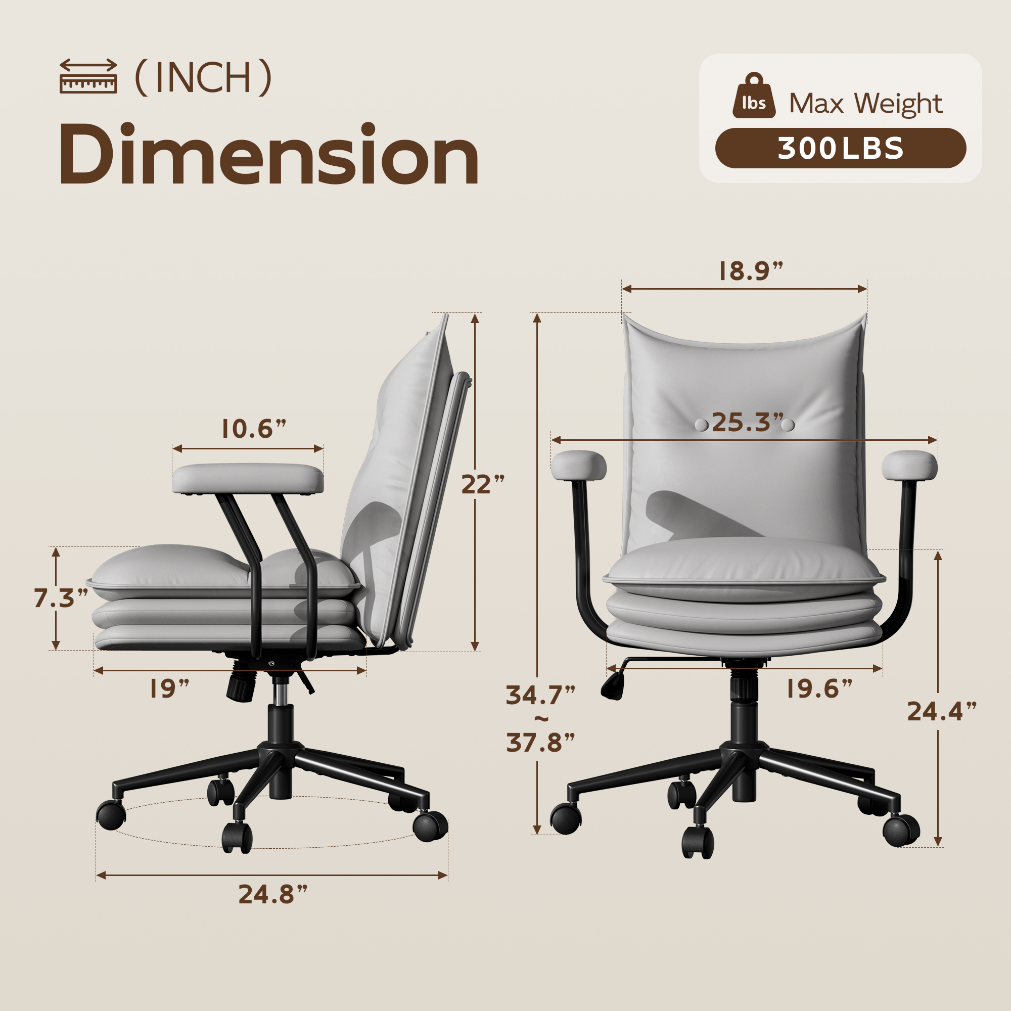 Genpo Gray Leather Computer Desk Chairs 300lbs for Adults, Vanity Chair with Wheels, Padded Arms, Thickened & Widened Back and Seat for Home Office Makeup - Image 2