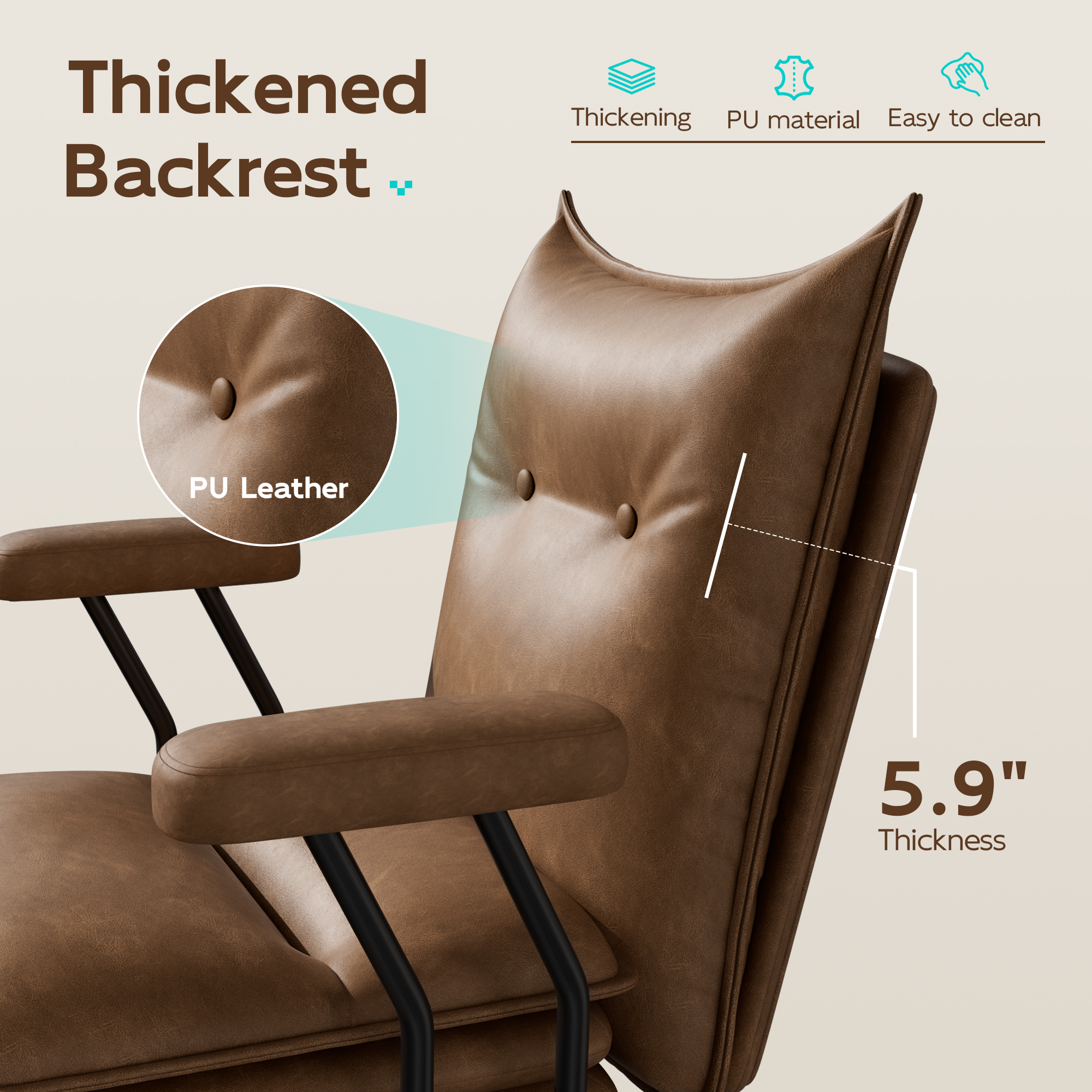 Genpo Brown Leather Computer Desk Chairs 300lbs for Adults, Vanity Chair with Wheels, Padded Arms, Thickened & Widened Back and Seat for Home Office Makeup - Image 6