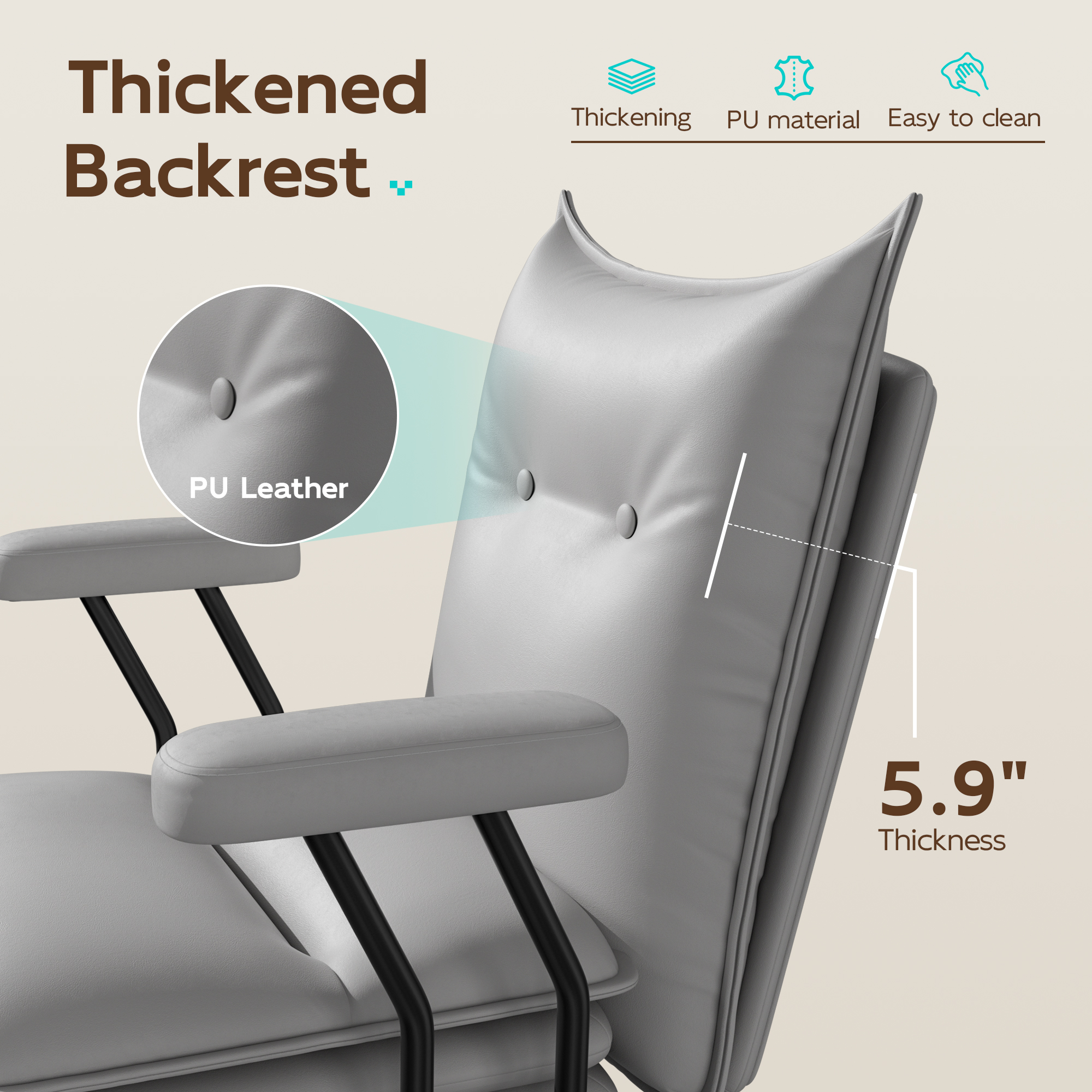 Genpo Gray Leather Computer Desk Chairs 300lbs for Adults, Vanity Chair with Wheels, Padded Arms, Thickened & Widened Back and Seat for Home Office Makeup - Image 6
