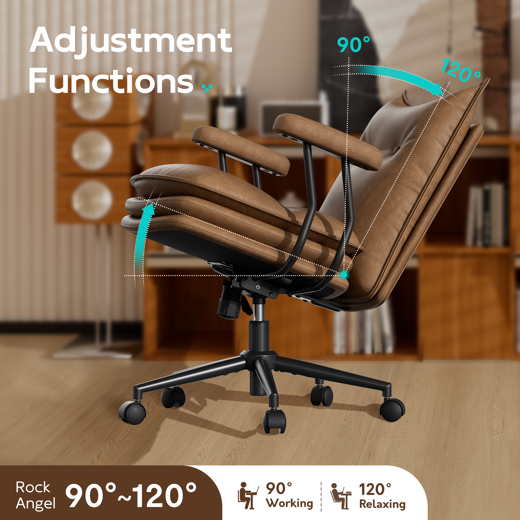 Genpo Brown Leather Computer Desk Chairs 300lbs for Adults, Vanity Chair with Wheels, Padded Arms, Thickened & Widened Back and Seat for Home Office Makeup - Image 7