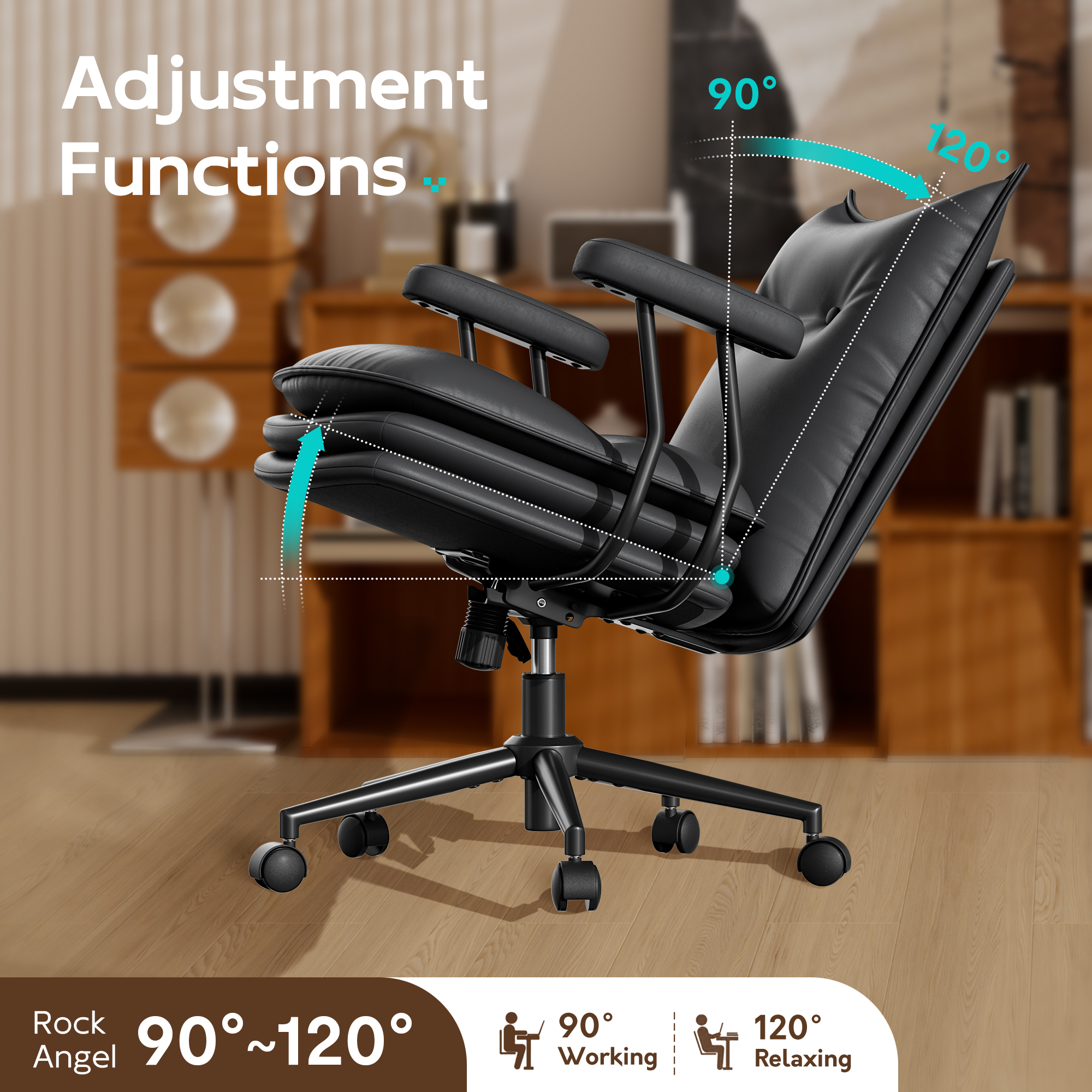 Genpo Black Leather Computer Desk Chairs 300lbs for Adults, Vanity Chair with Wheels, Padded Arms, Thickened & Widened Back and Seat for Home Office Makeup - Image 5
