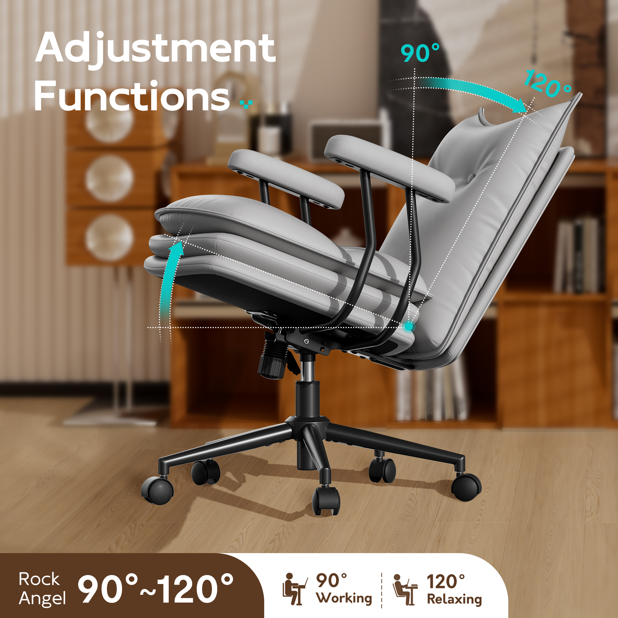 Genpo Gray Leather Computer Desk Chairs 300lbs for Adults, Vanity Chair with Wheels, Padded Arms, Thickened & Widened Back and Seat for Home Office Makeup - Image 7