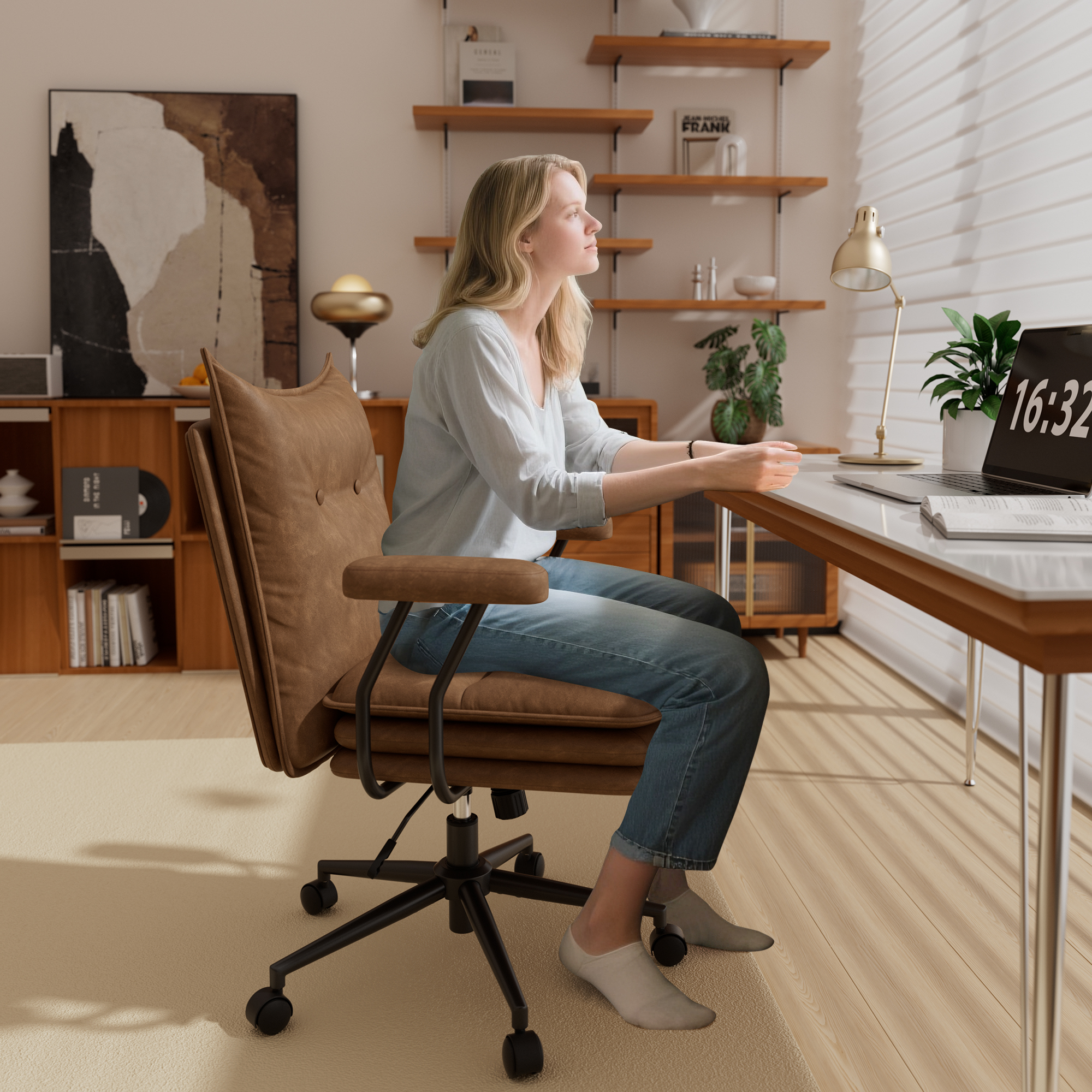 Genpo Brown Leather Computer Desk Chairs 300lbs for Adults, Vanity Chair with Wheels, Padded Arms, Thickened & Widened Back and Seat for Home Office Makeup - Image 8